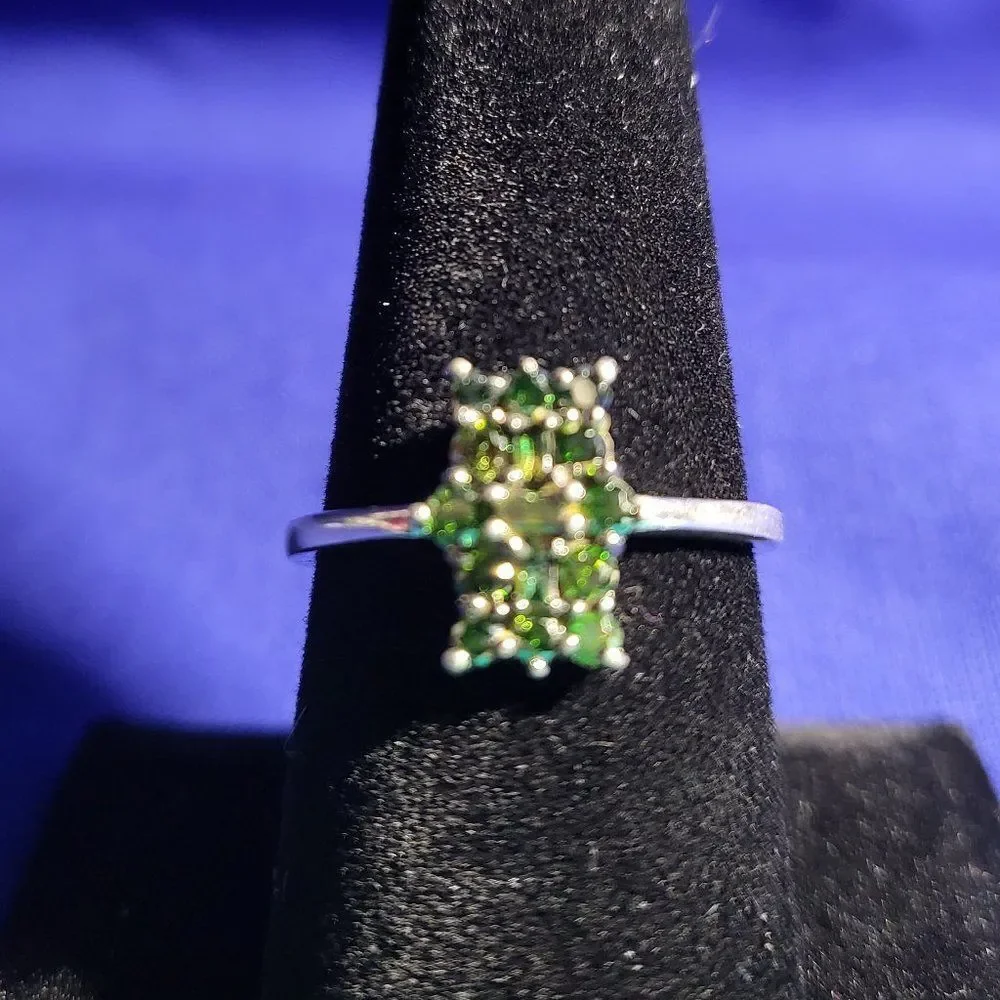 Green Diamond Small Elongated Cluster Sterling Silver Ring